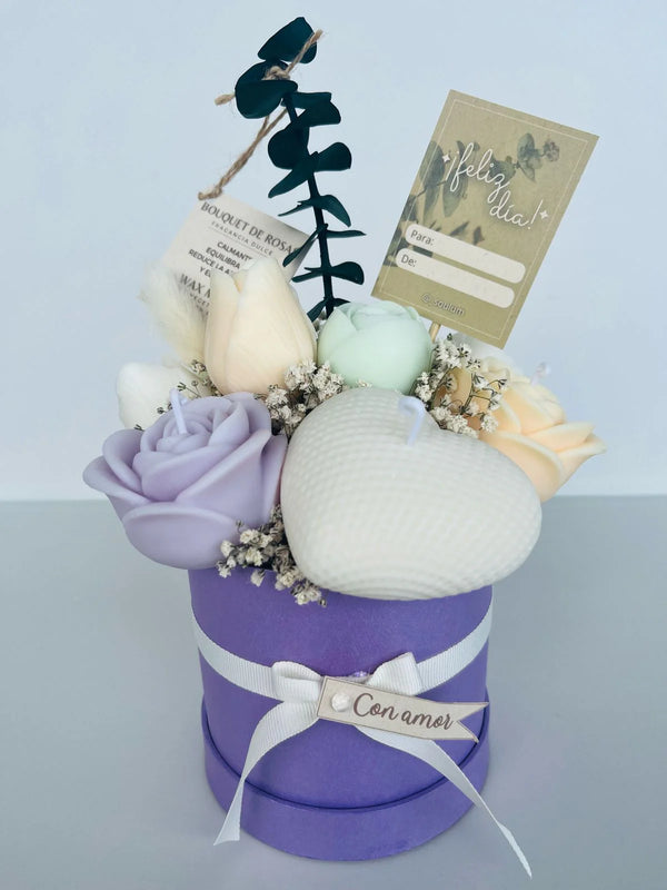 Bouquet De Rosas, tulipanes y corazón caja lila